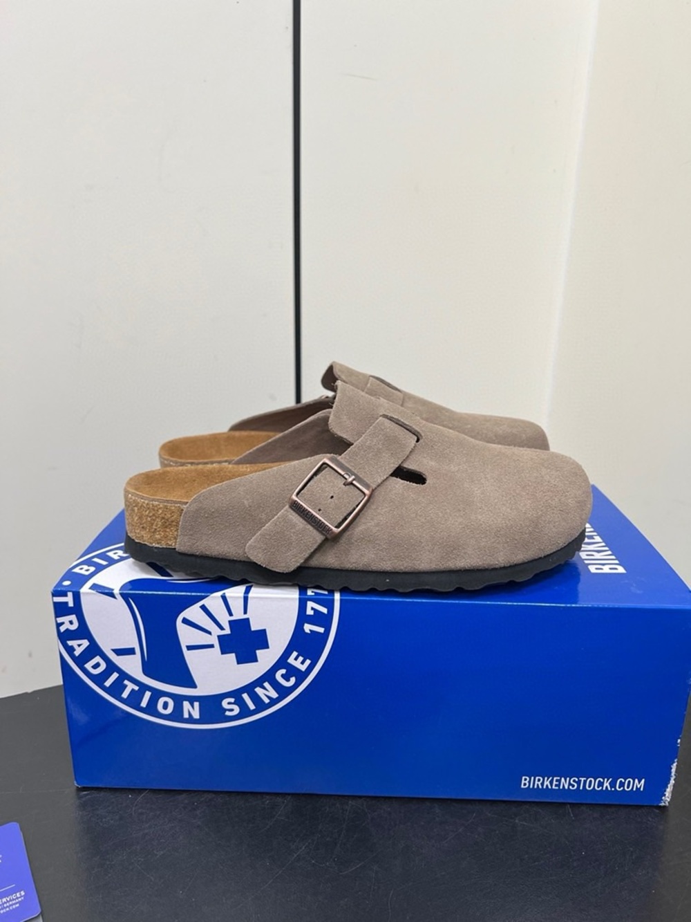BIRKENSTOCK Boston taupe suede mule clogs